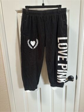 PINK Victoria's Secret Black Jogger Pants with White 'LOVE PINK' Side Logo
